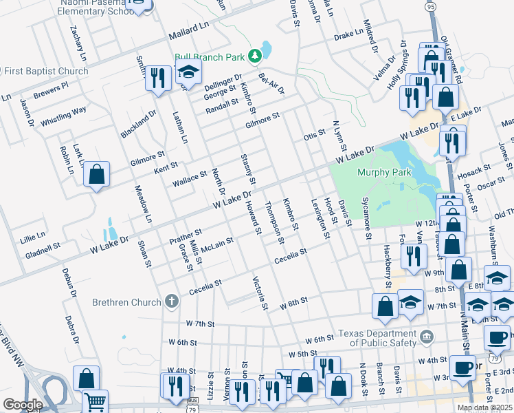 map of restaurants, bars, coffee shops, grocery stores, and more near 1012 Speegle Street in Taylor