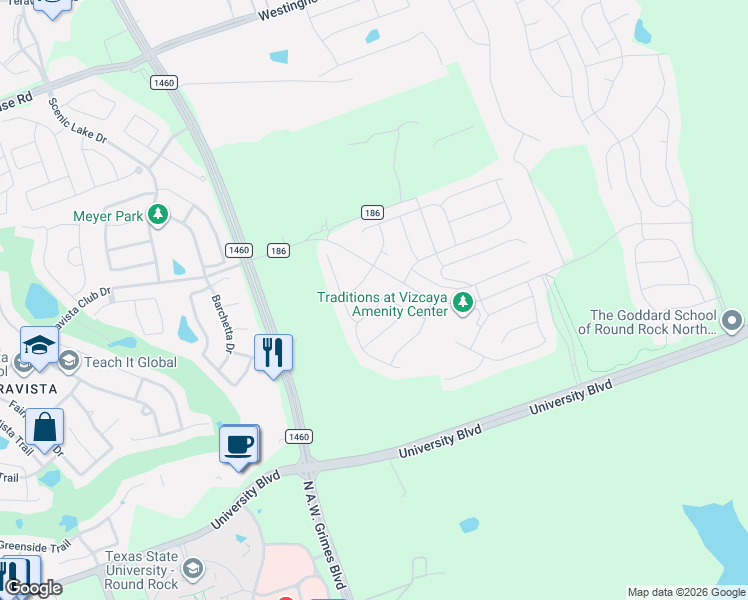 map of restaurants, bars, coffee shops, grocery stores, and more near 2440 Capestrano Circle in Round Rock