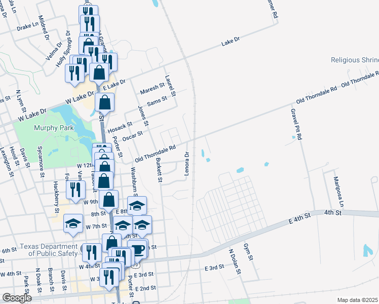 map of restaurants, bars, coffee shops, grocery stores, and more near 523 Lenora Drive in Taylor