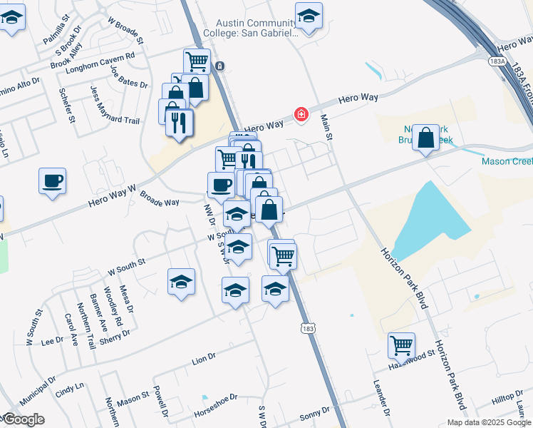 map of restaurants, bars, coffee shops, grocery stores, and more near 103 U.S. 183 in Leander