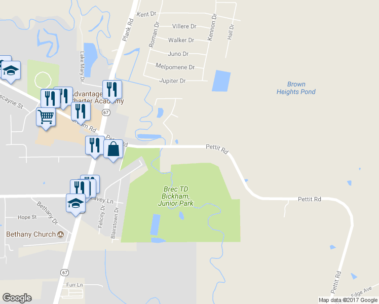 map of restaurants, bars, coffee shops, grocery stores, and more near 6980 Pettit Road in Baker