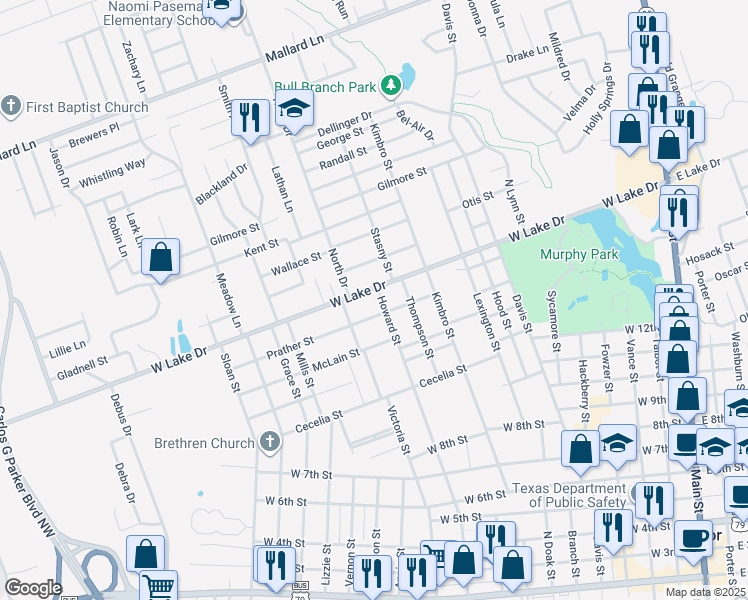 map of restaurants, bars, coffee shops, grocery stores, and more near 1417 Howard Street in Taylor