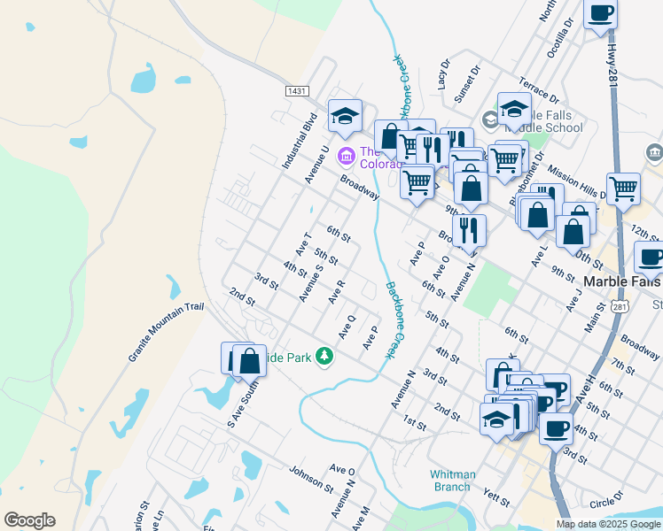 map of restaurants, bars, coffee shops, grocery stores, and more near 409 Avenue South in Marble Falls