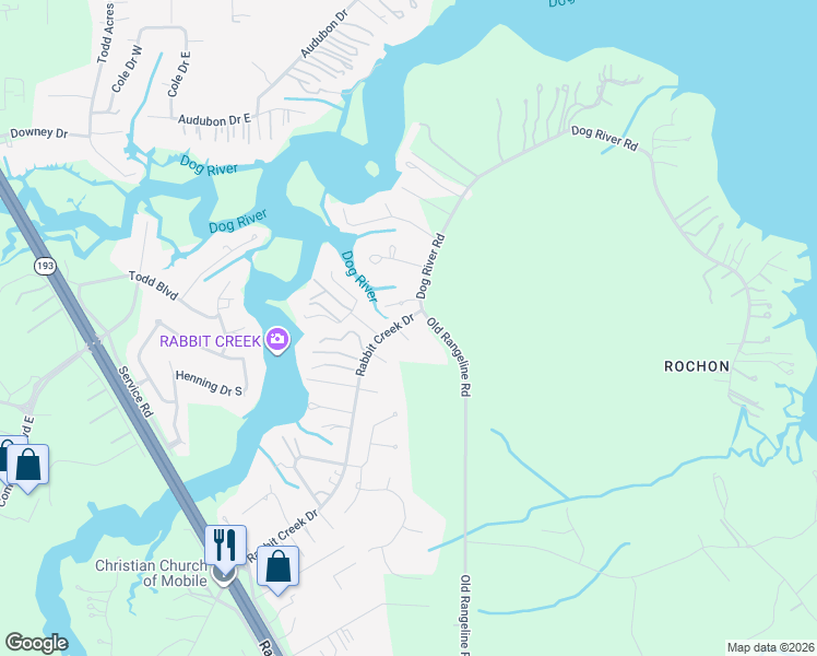 map of restaurants, bars, coffee shops, grocery stores, and more near 5375 Rabbit Creek Drive in Theodore