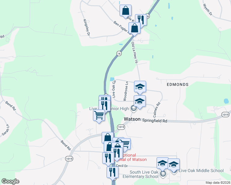 map of restaurants, bars, coffee shops, grocery stores, and more near 35244 Live Oak Circle in Denham Springs