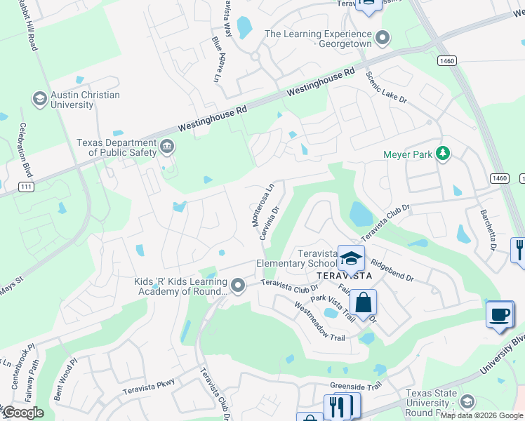 map of restaurants, bars, coffee shops, grocery stores, and more near 4517 Monterosa Lane in Round Rock