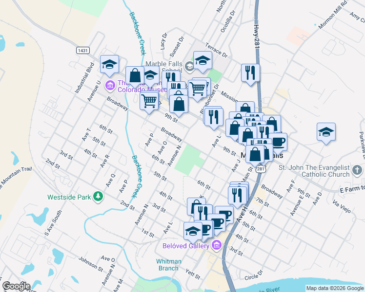 map of restaurants, bars, coffee shops, grocery stores, and more near 708 Avenue North in Marble Falls