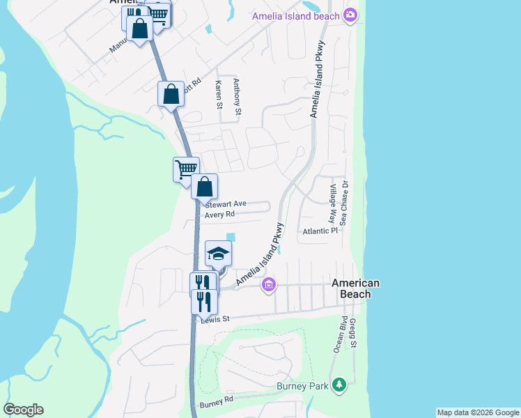 map of restaurants, bars, coffee shops, grocery stores, and more near 1624 Stewart Avenue in Fernandina Beach