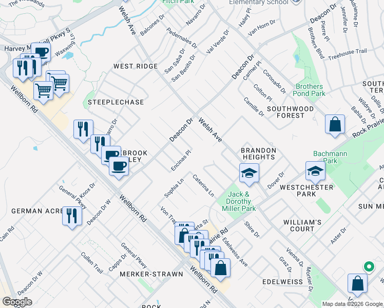 map of restaurants, bars, coffee shops, grocery stores, and more near 710 Encinas Place in College Station