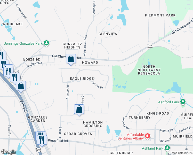 map of restaurants, bars, coffee shops, grocery stores, and more near 1430 Warbler Terrace in Cantonment