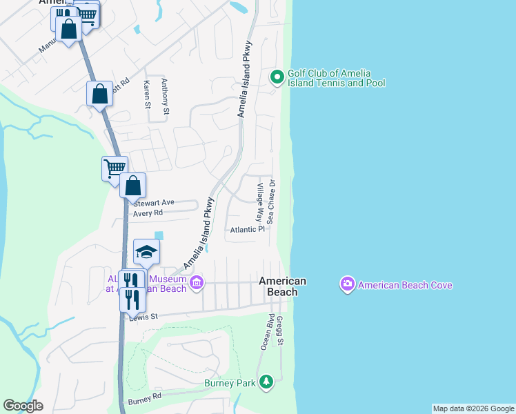 map of restaurants, bars, coffee shops, grocery stores, and more near 5233 Village Way in Fernandina Beach
