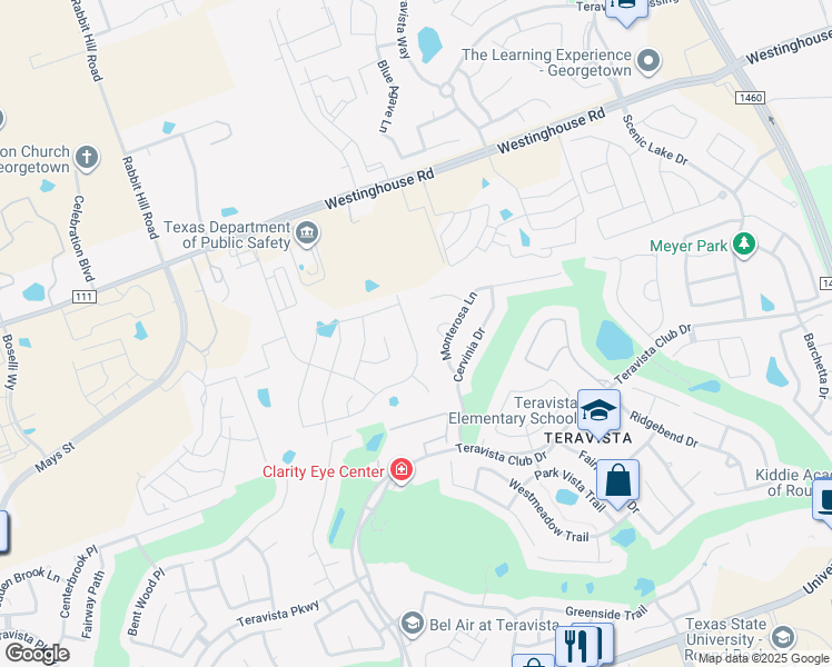 map of restaurants, bars, coffee shops, grocery stores, and more near 1584 Monterosa Loop in Round Rock