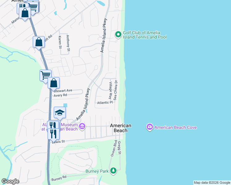 map of restaurants, bars, coffee shops, grocery stores, and more near 5233 Village Way in Fernandina Beach
