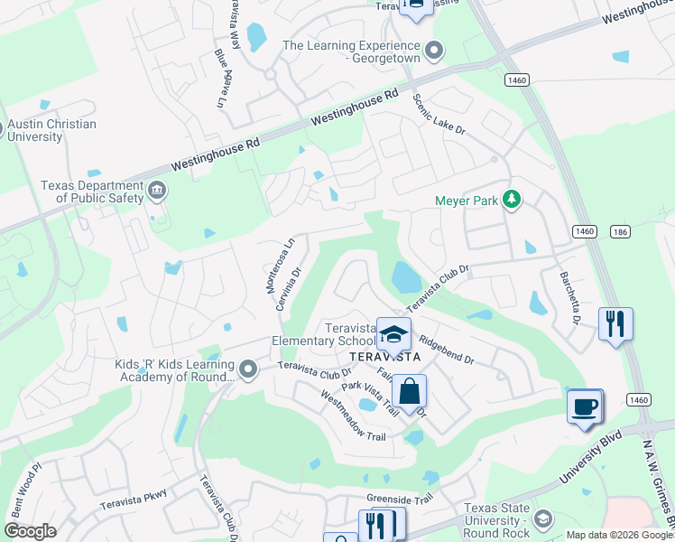 map of restaurants, bars, coffee shops, grocery stores, and more near 4521 Sansone Drive in Round Rock