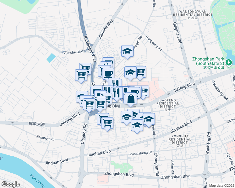 map of restaurants, bars, coffee shops, grocery stores, and more near 1063 Jie Fang Da Dao in Wu Han Shi