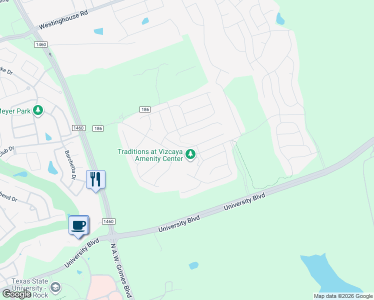 map of restaurants, bars, coffee shops, grocery stores, and more near 2653 Enza Drive in Round Rock