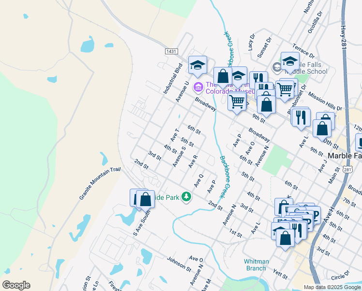 map of restaurants, bars, coffee shops, grocery stores, and more near 409 Avenue South in Marble Falls