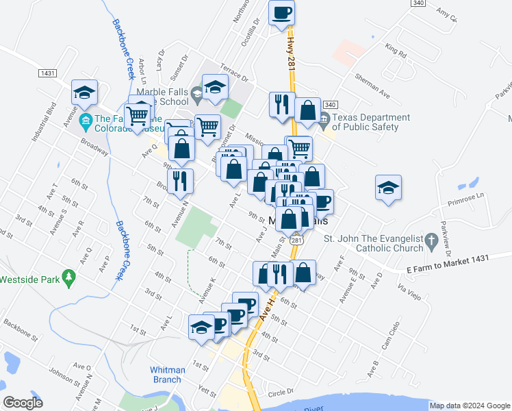 map of restaurants, bars, coffee shops, grocery stores, and more near 1102a Ranch Road 1431 in Marble Falls