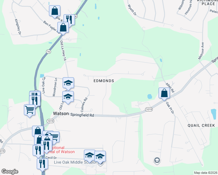 map of restaurants, bars, coffee shops, grocery stores, and more near 35130 Stonecastle Drive in Denham Springs