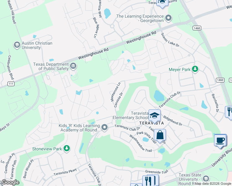 map of restaurants, bars, coffee shops, grocery stores, and more near 4517 Monterosa Lane in Round Rock