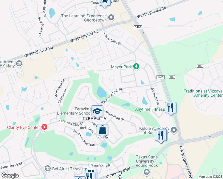 map of restaurants, bars, coffee shops, grocery stores, and more near 4493 Miraval Loop in Round Rock