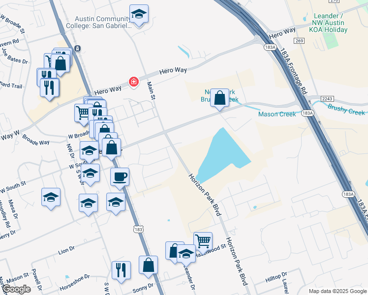 map of restaurants, bars, coffee shops, grocery stores, and more near 1682 Horizon Park Boulevard in Leander
