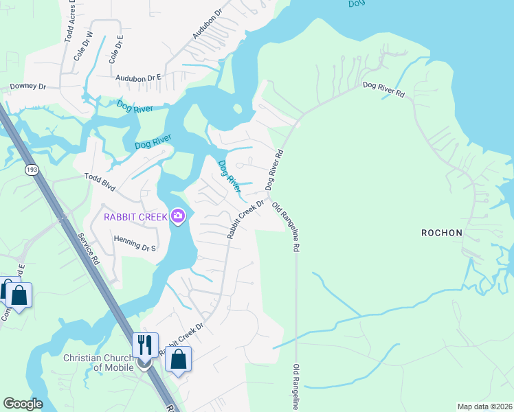 map of restaurants, bars, coffee shops, grocery stores, and more near 5375 Rabbit Creek Drive in Theodore