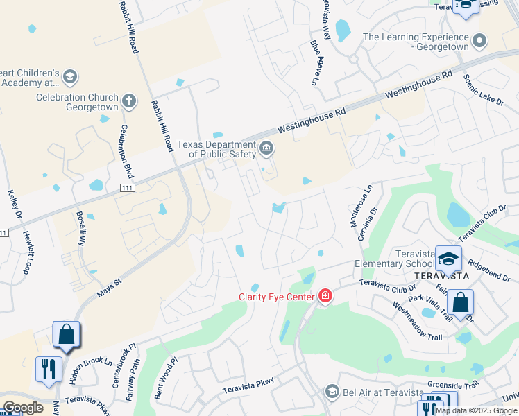 map of restaurants, bars, coffee shops, grocery stores, and more near 1121 Vista View Drive in Georgetown