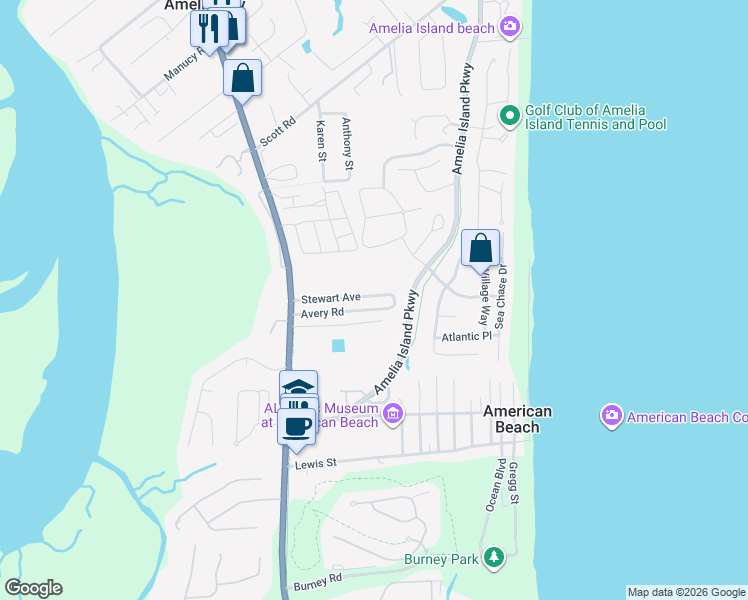 map of restaurants, bars, coffee shops, grocery stores, and more near 1624 Stewart Avenue in Fernandina Beach