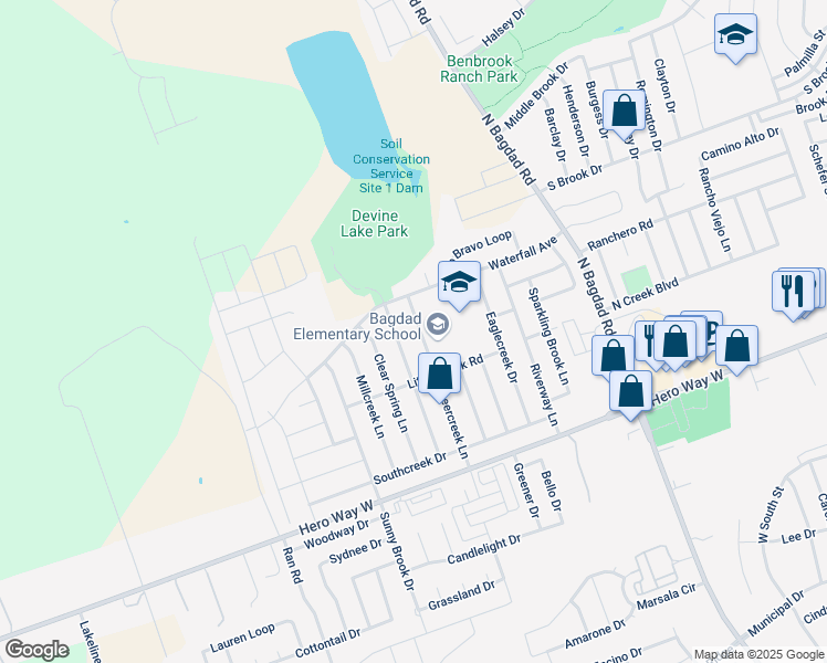 map of restaurants, bars, coffee shops, grocery stores, and more near 803 Deercreek Lane in Leander