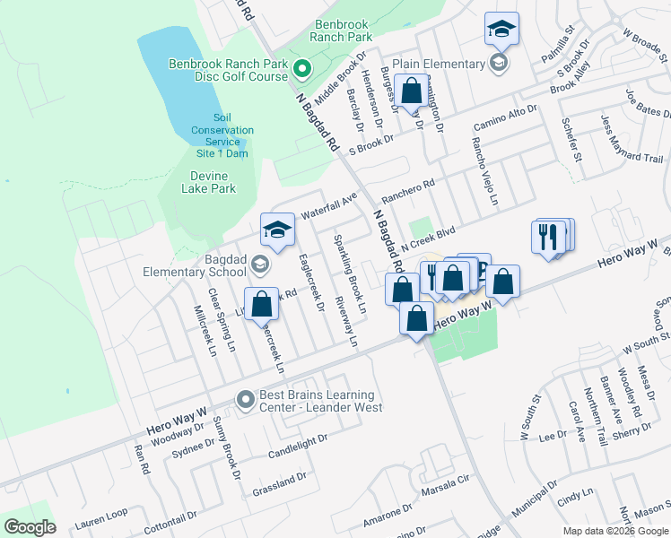 map of restaurants, bars, coffee shops, grocery stores, and more near 700 Riverway Lane in Leander