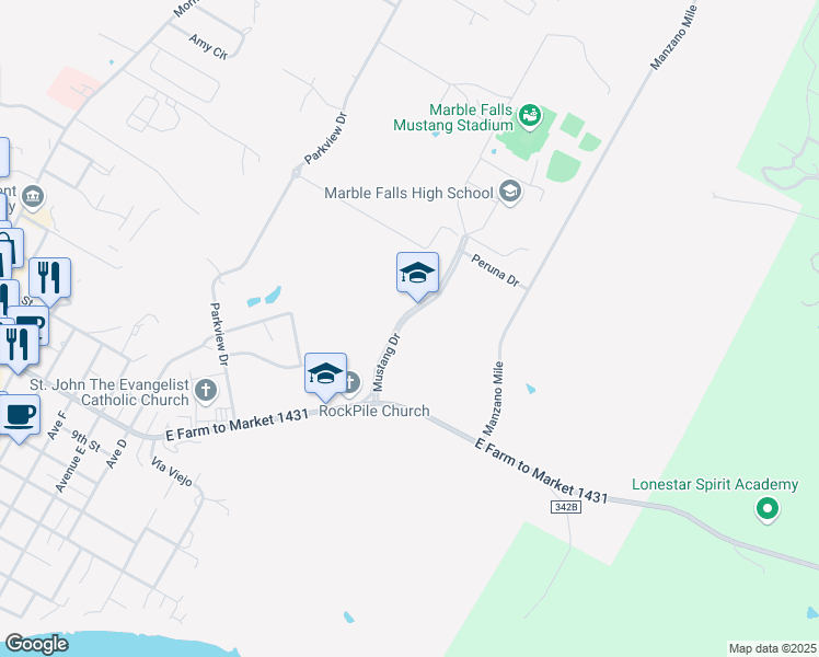 map of restaurants, bars, coffee shops, grocery stores, and more near 1600 Mustang Drive in Marble Falls