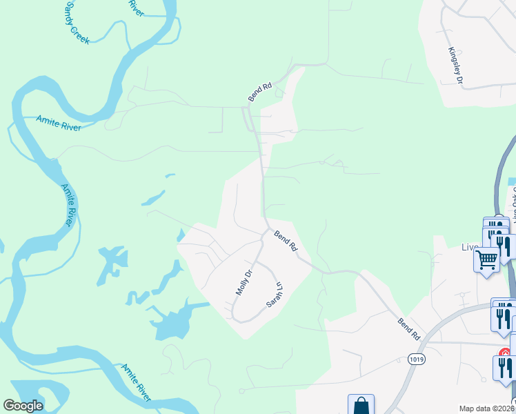 map of restaurants, bars, coffee shops, grocery stores, and more near 35241 Bend Road in Denham Springs