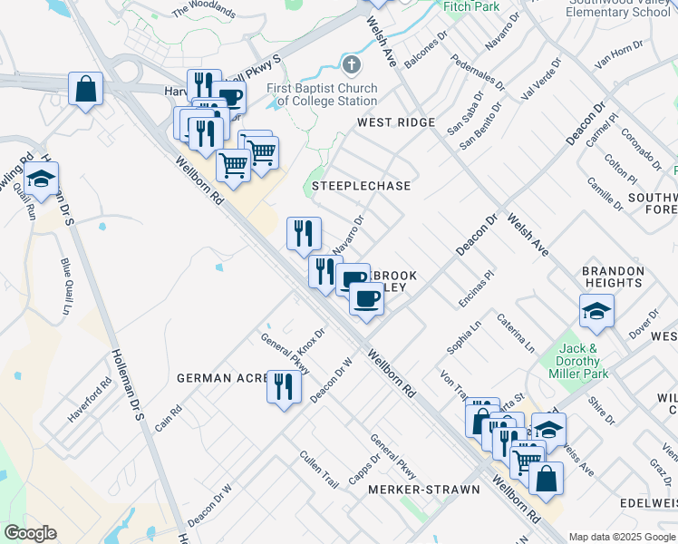 map of restaurants, bars, coffee shops, grocery stores, and more near 206 Pronghorn Loop in College Station