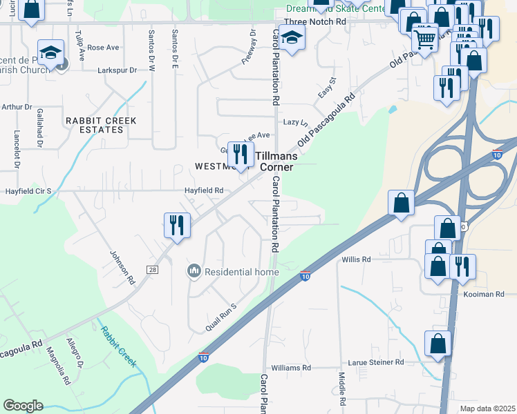 map of restaurants, bars, coffee shops, grocery stores, and more near 5350 Carol Plantation Road in Theodore