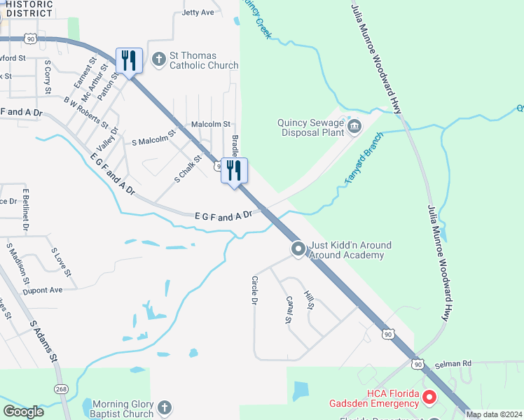 map of restaurants, bars, coffee shops, grocery stores, and more near Florida 10 & East G F and A Drive in Quincy