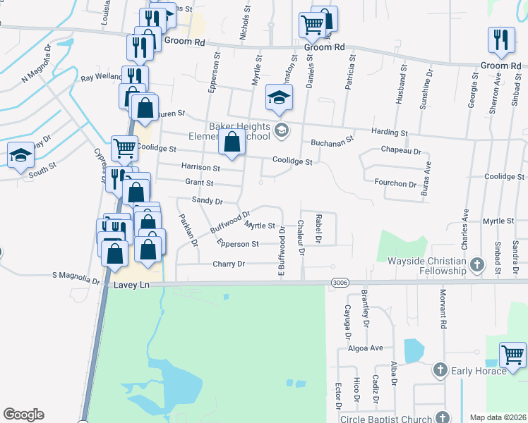 map of restaurants, bars, coffee shops, grocery stores, and more near 3802 Buffwood Drive in Baker
