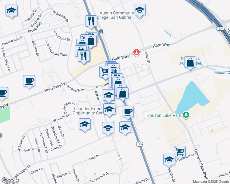 map of restaurants, bars, coffee shops, grocery stores, and more near 104 West Willis Street in Leander