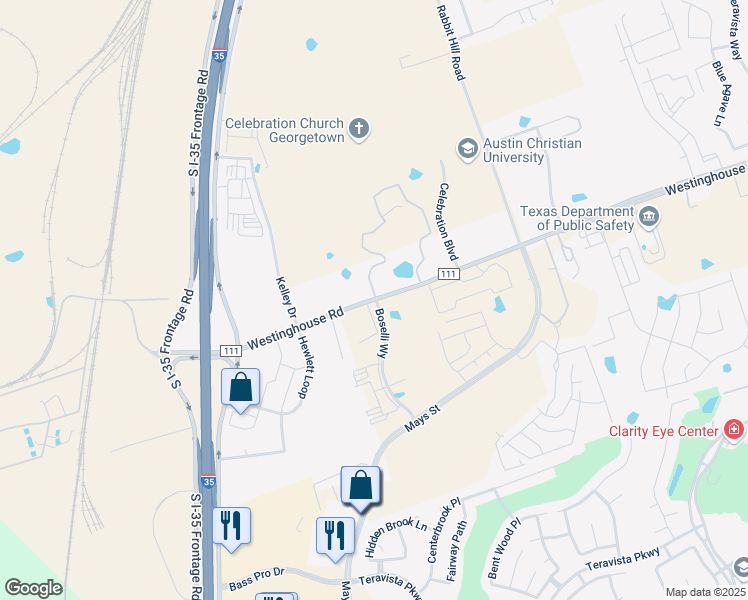 map of restaurants, bars, coffee shops, grocery stores, and more near 60312 County Road 111 in Georgetown