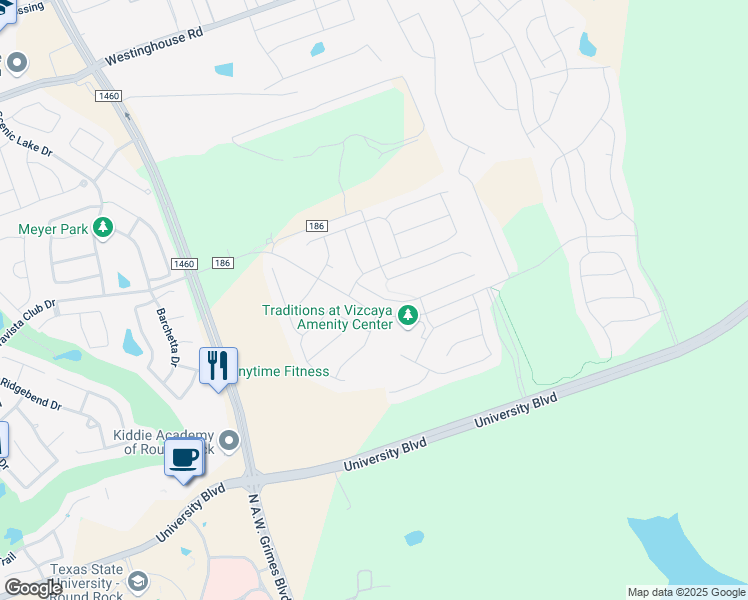 map of restaurants, bars, coffee shops, grocery stores, and more near 2621 Enza Drive in Round Rock