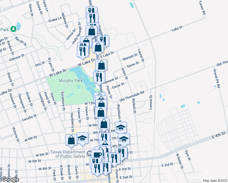 map of restaurants, bars, coffee shops, grocery stores, and more near 1303 Washburn Street in Taylor