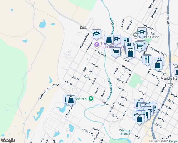 map of restaurants, bars, coffee shops, grocery stores, and more near 409 Avenue South in Marble Falls