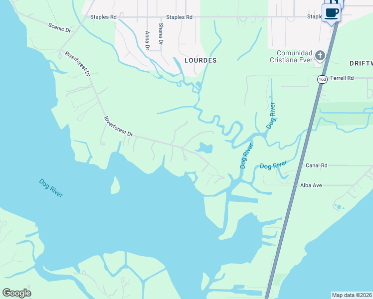 map of restaurants, bars, coffee shops, grocery stores, and more near 2101-2107 River Forest Dr in Mobile