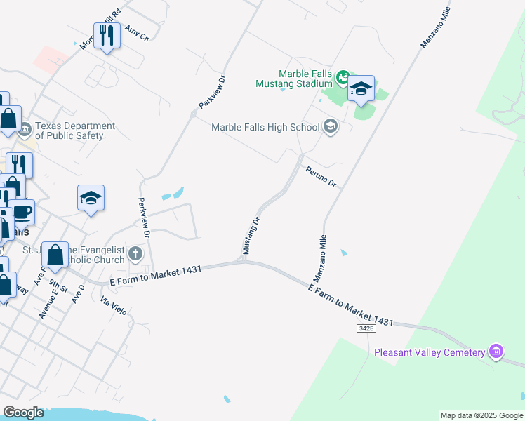 map of restaurants, bars, coffee shops, grocery stores, and more near Mustang Drive in Marble Falls