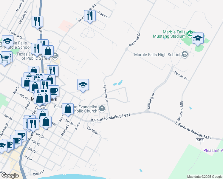 map of restaurants, bars, coffee shops, grocery stores, and more near 116 Primrose Lane in Marble Falls