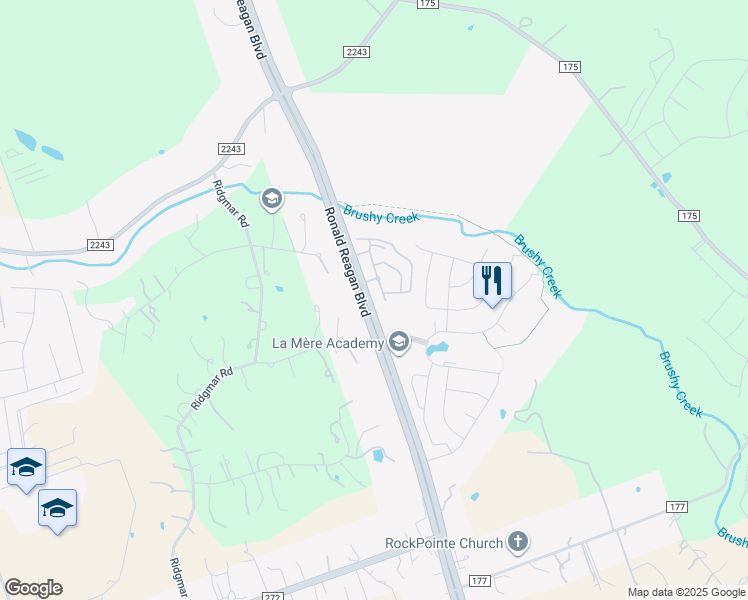 map of restaurants, bars, coffee shops, grocery stores, and more near 16760 Ronald W Reagan Boulevard in Leander