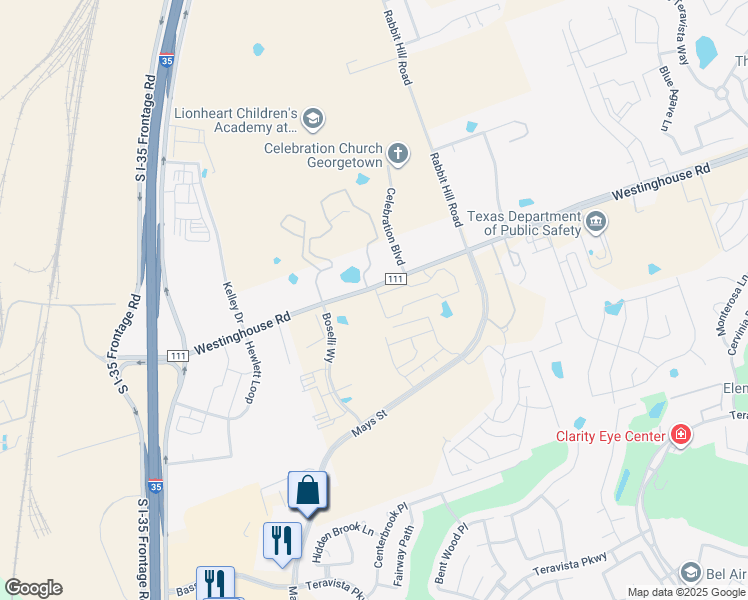 map of restaurants, bars, coffee shops, grocery stores, and more near 600 Westinghouse Road in Georgetown