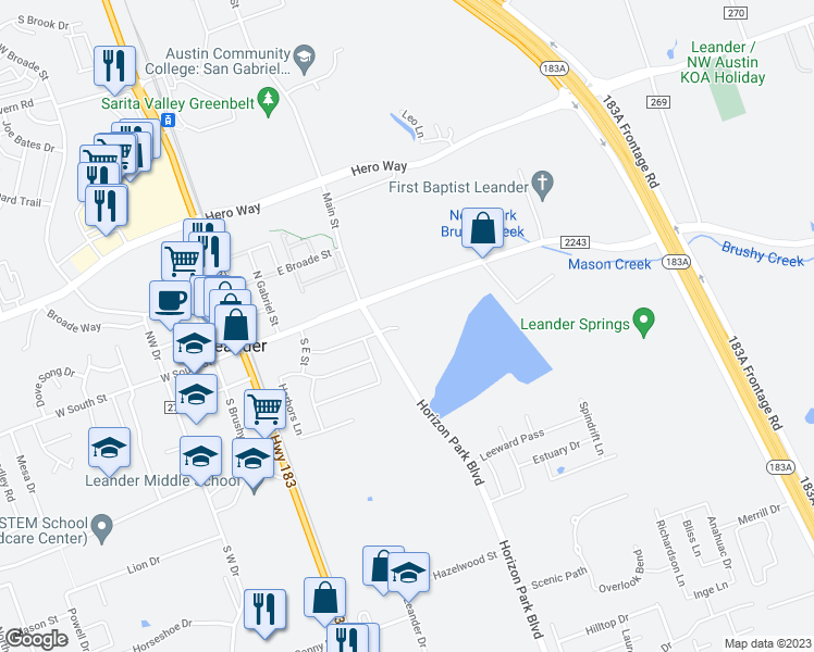 map of restaurants, bars, coffee shops, grocery stores, and more near 1682 Horizon Park Boulevard in Leander