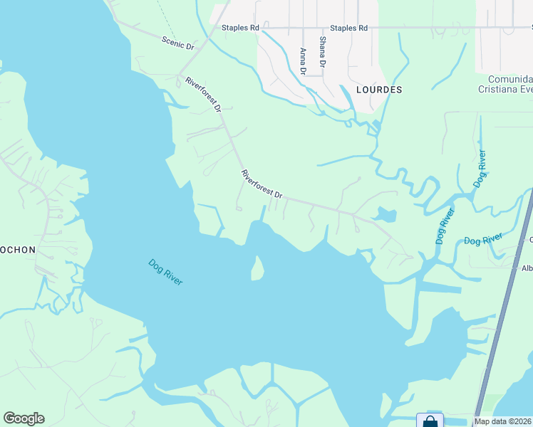 map of restaurants, bars, coffee shops, grocery stores, and more near 2301 Riverforest Drive in Mobile