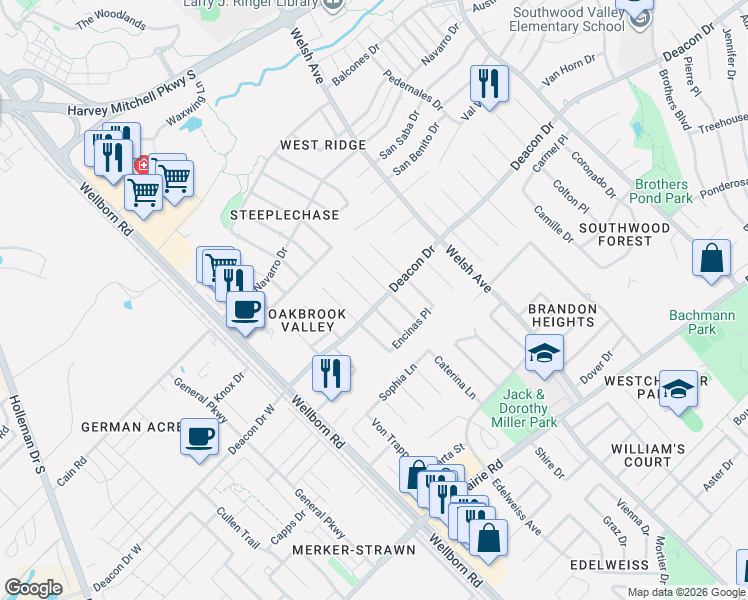 map of restaurants, bars, coffee shops, grocery stores, and more near 2919 Durango Court in College Station